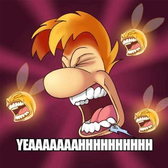 Rayman character shouting with excitement, surrounded by glowing, laughing faces on a vibrant background