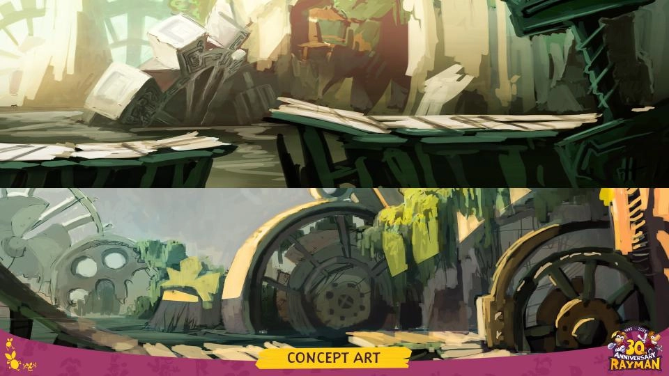 Concept art showcasing two vibrant, imaginative landscapes with mechanical and natural elements for Rayman 30th anniversary
