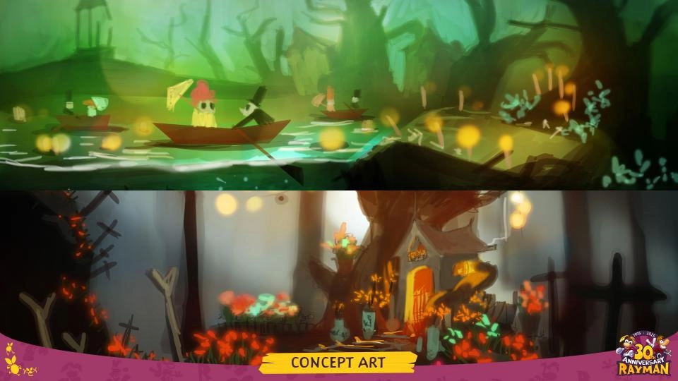 Colorful Rayman concept art depicting whimsical forest scenes with boats and a house, celebrating 30 years