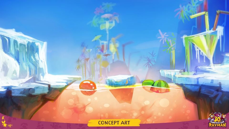 Colorful Rayman concept art featuring a vibrant, icy landscape with floating platforms and plants