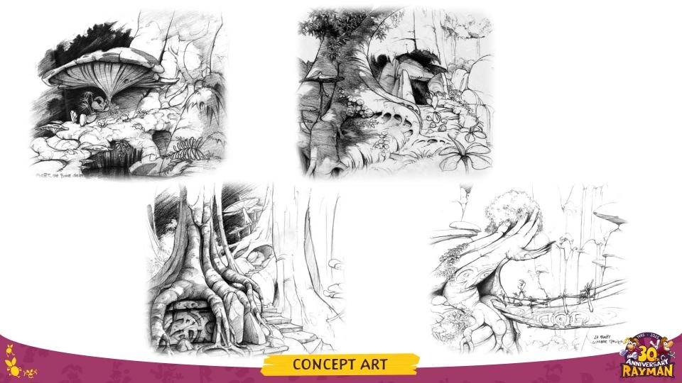 Four black and white Rayman concept art sketches featuring whimsical forest and fantasy landscapes
