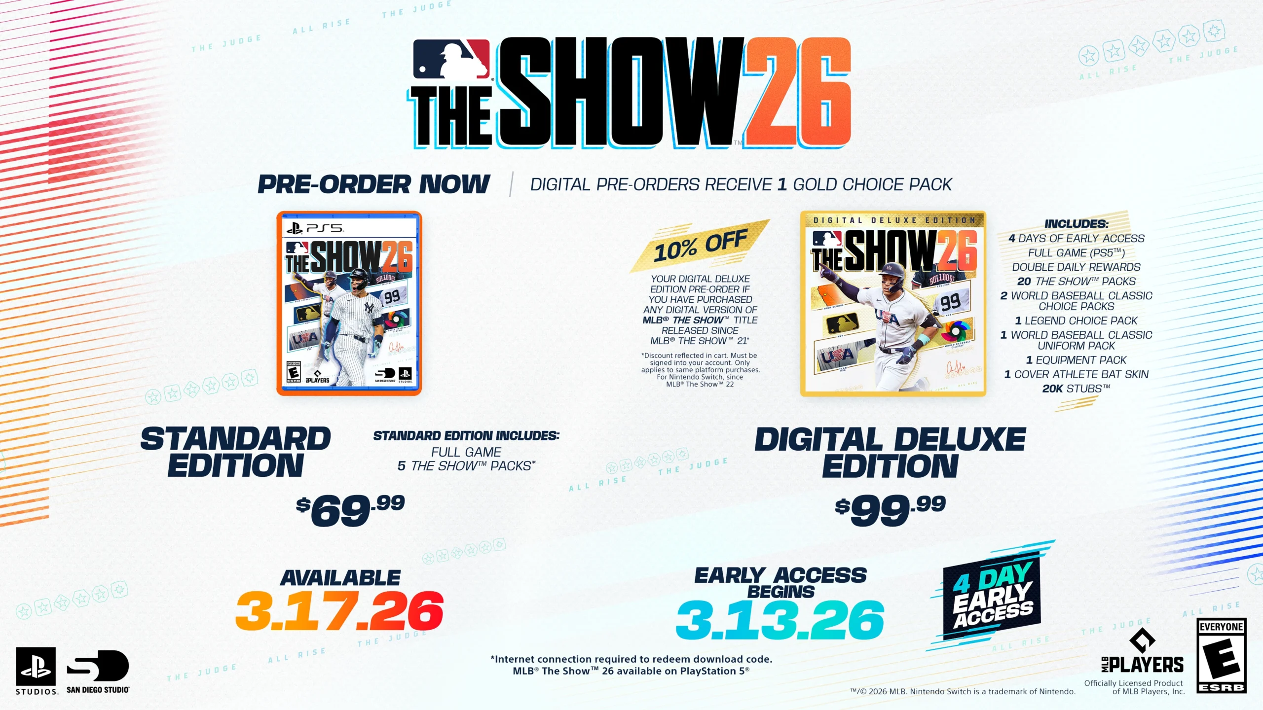 MLB The Show 26 cover art with pre-order details, featuring standard and digital deluxe editions, release dates