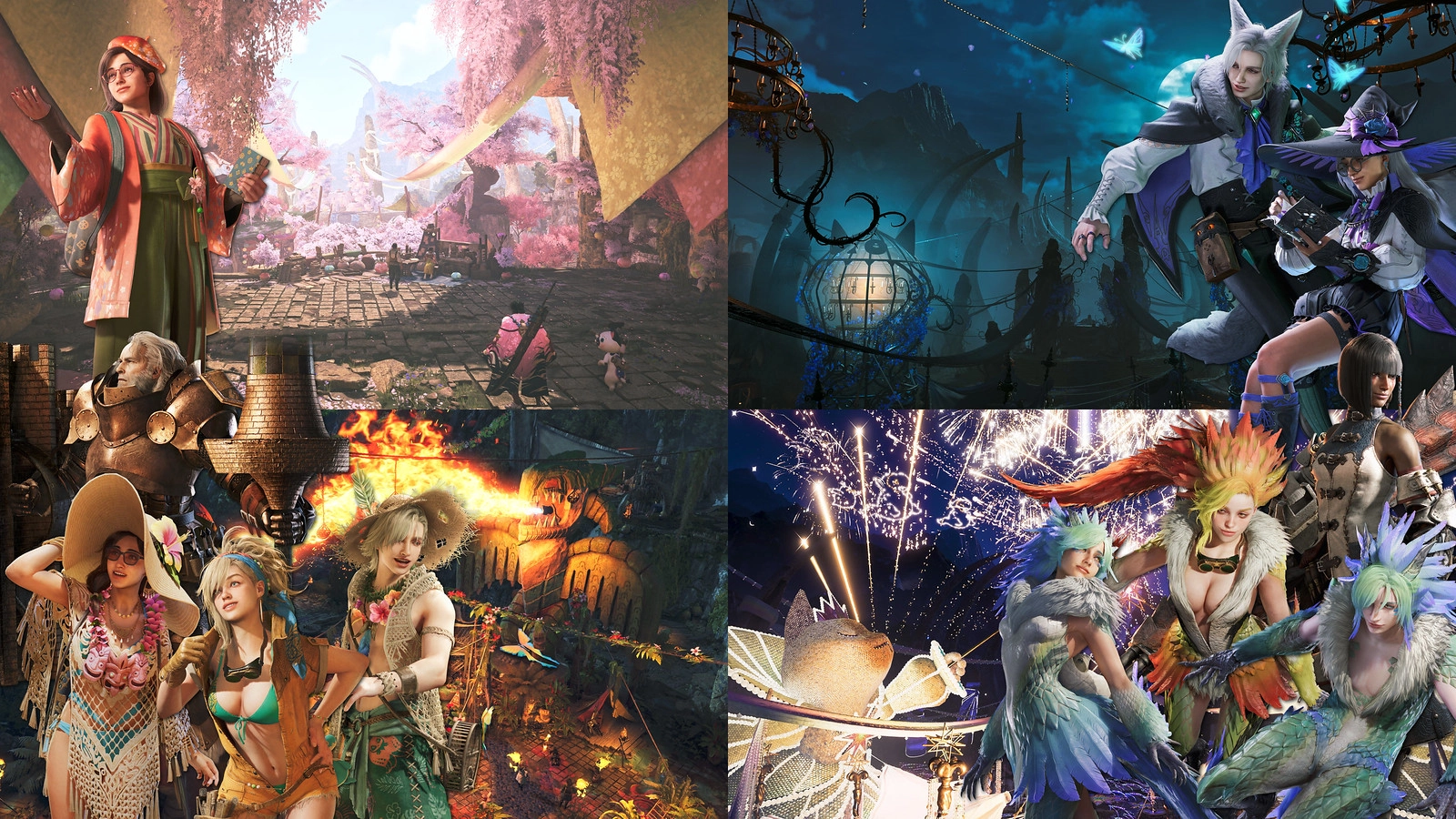 Four scenes from Monster Hunter Wilds showcasing vibrant characters and environments in celebration events