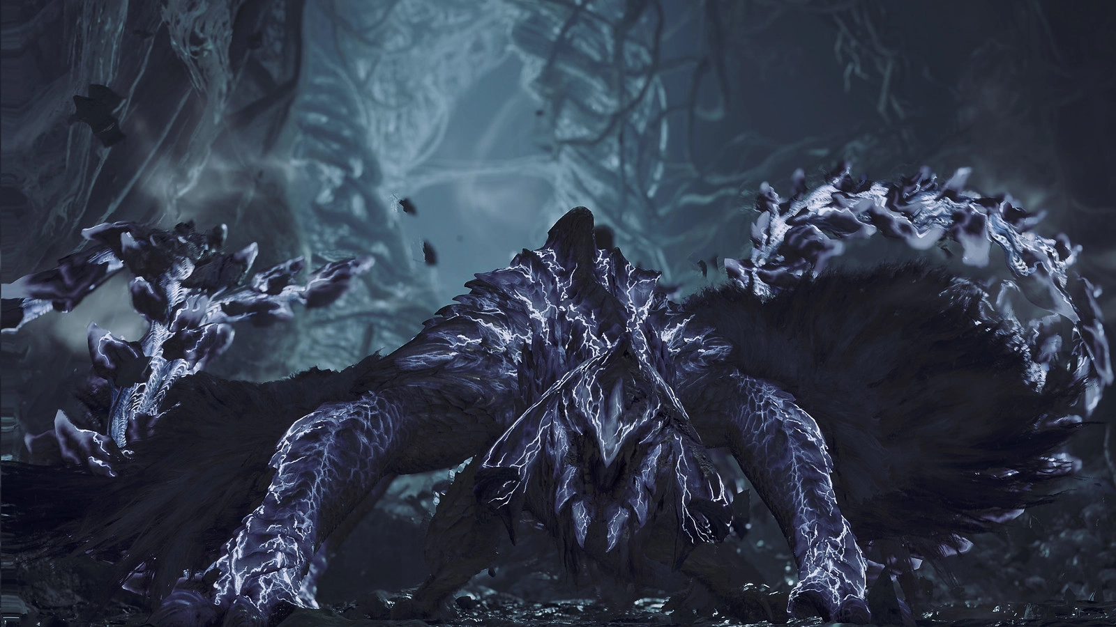 A fierce, glowing monster prowls a dark, mystical forest, symbolizing the Monster Hunter Wilds update