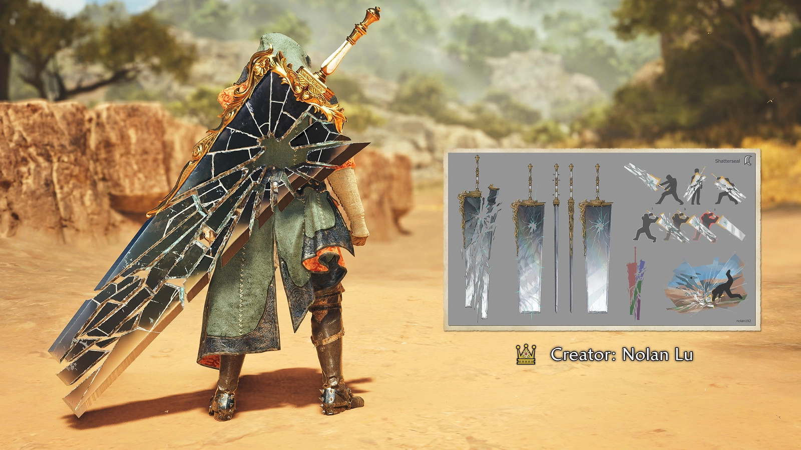 Hunter with reflective armor and sword in a desert landscape, showcasing Monster Hunter Wilds update