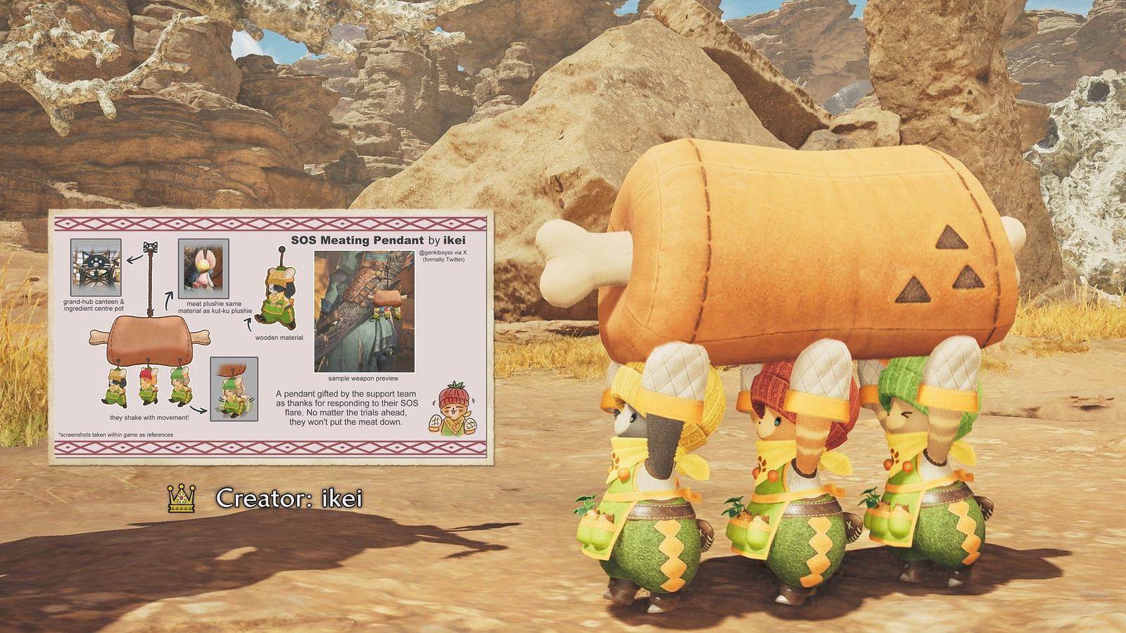 Three characters in colorful outfits carry a large bone-shaped pendant in a desert landscape, promoting an event