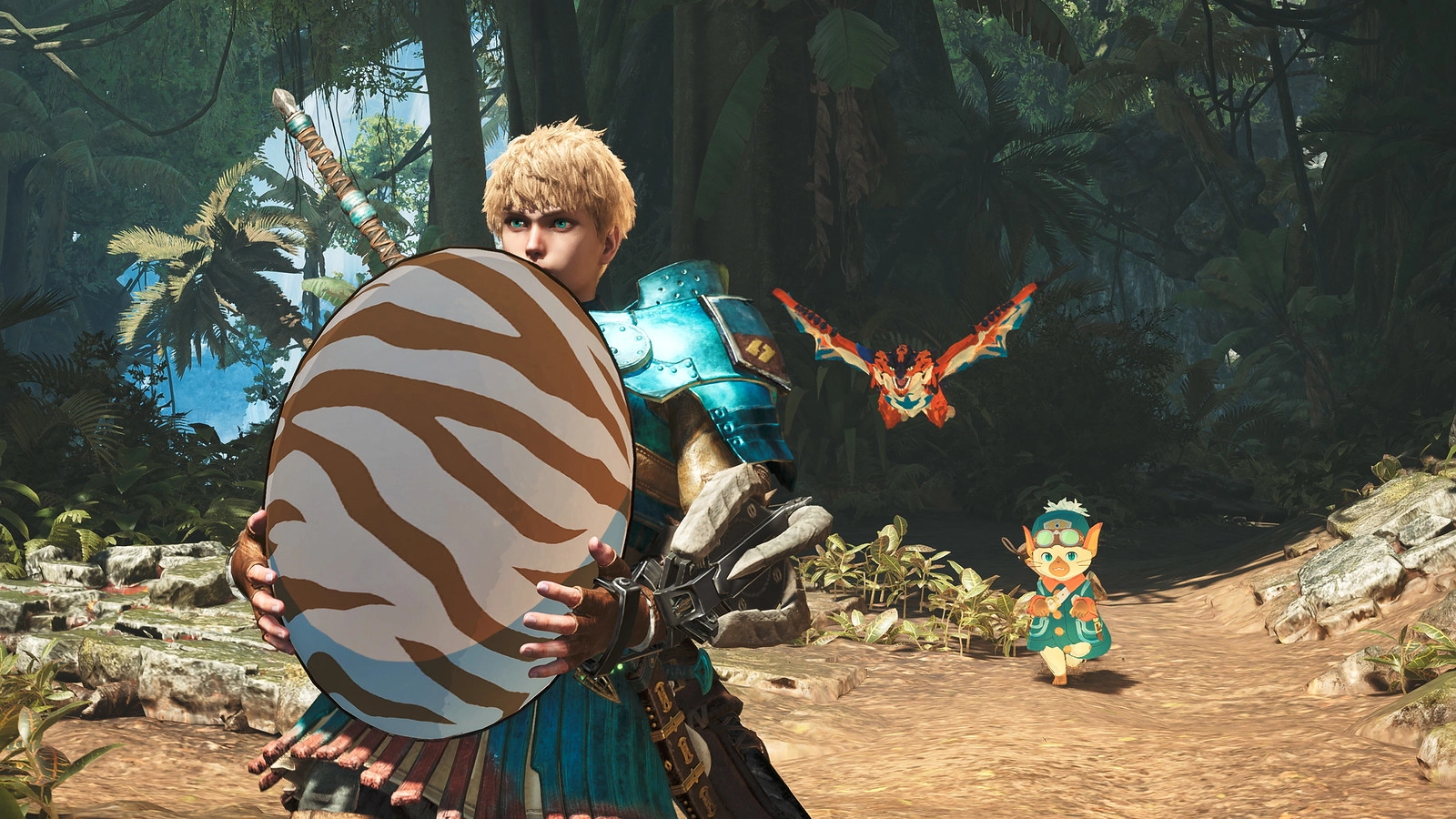 Hunter holding a large egg in a lush forest, with a small creature and flying monster in the background