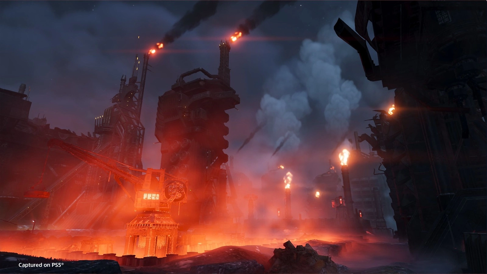 Fiery industrial complex in Cyberstan, with towering smokestacks and glowing molten metal, under attack