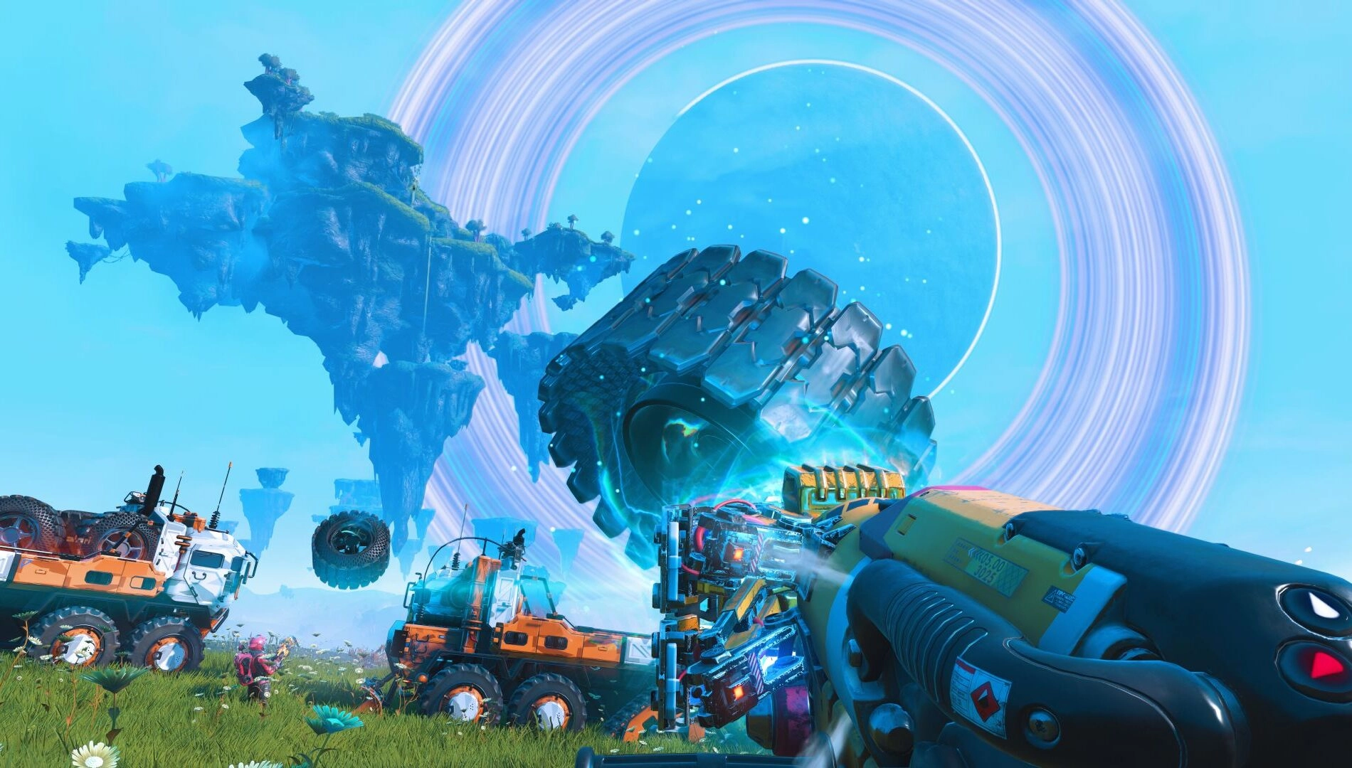 A player in No Man's Sky uses the Gravitino Coil to lift a large object, with floating islands in the background
