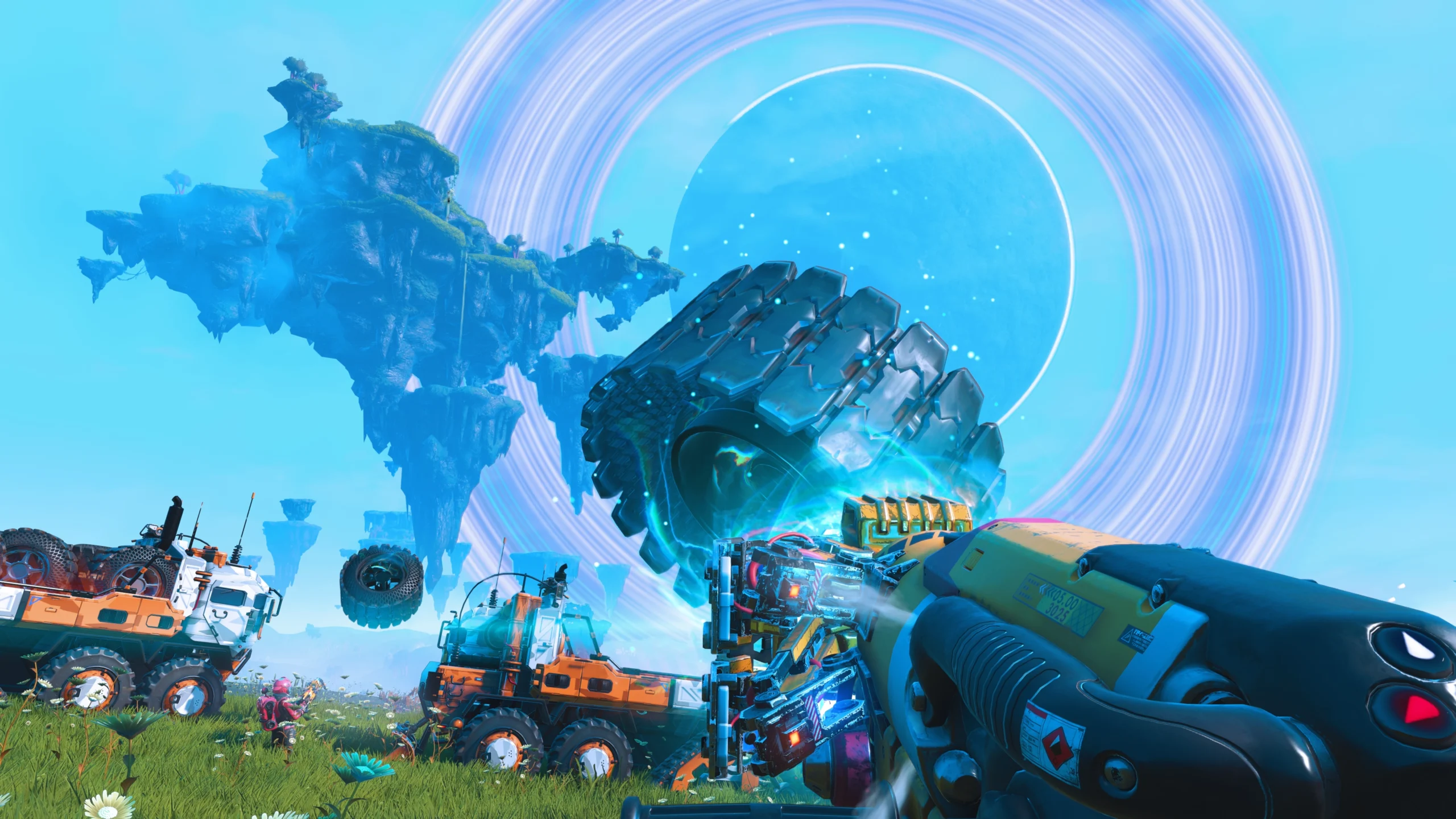 A player uses the Gravitino Coil to lift a large object in No Man's Sky, with floating islands in the background