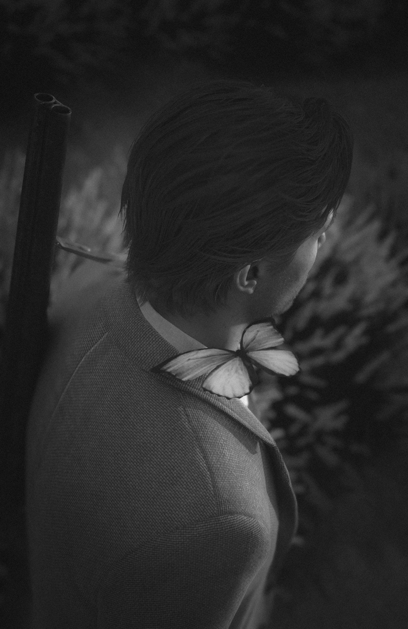 A man in a suit with a butterfly on his shoulder, standing amidst tall grass, captured in black and white