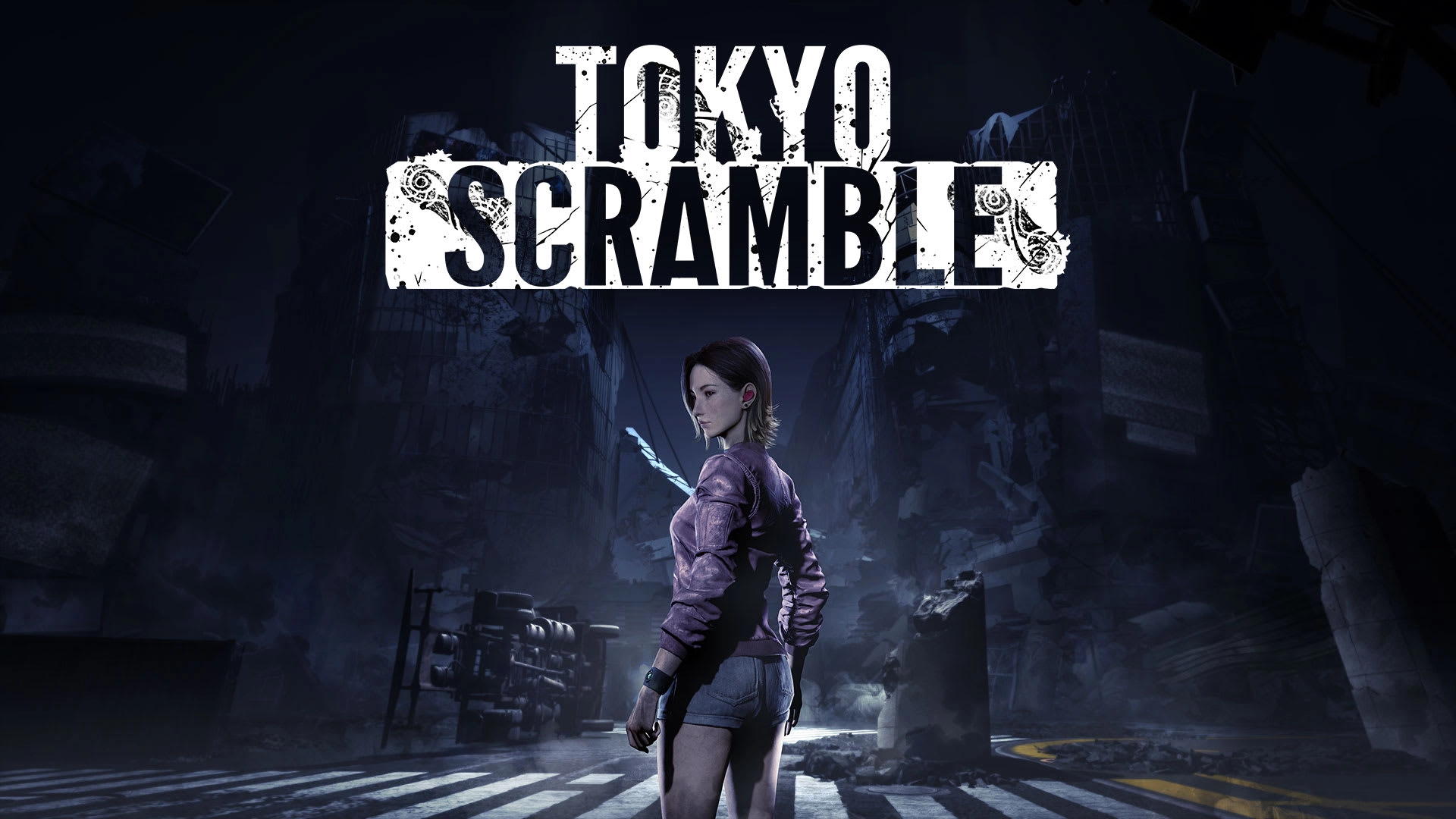Anne stands in a dark, ruined cityscape, holding a weapon, ready to face the challenges in Tokyo Scramble