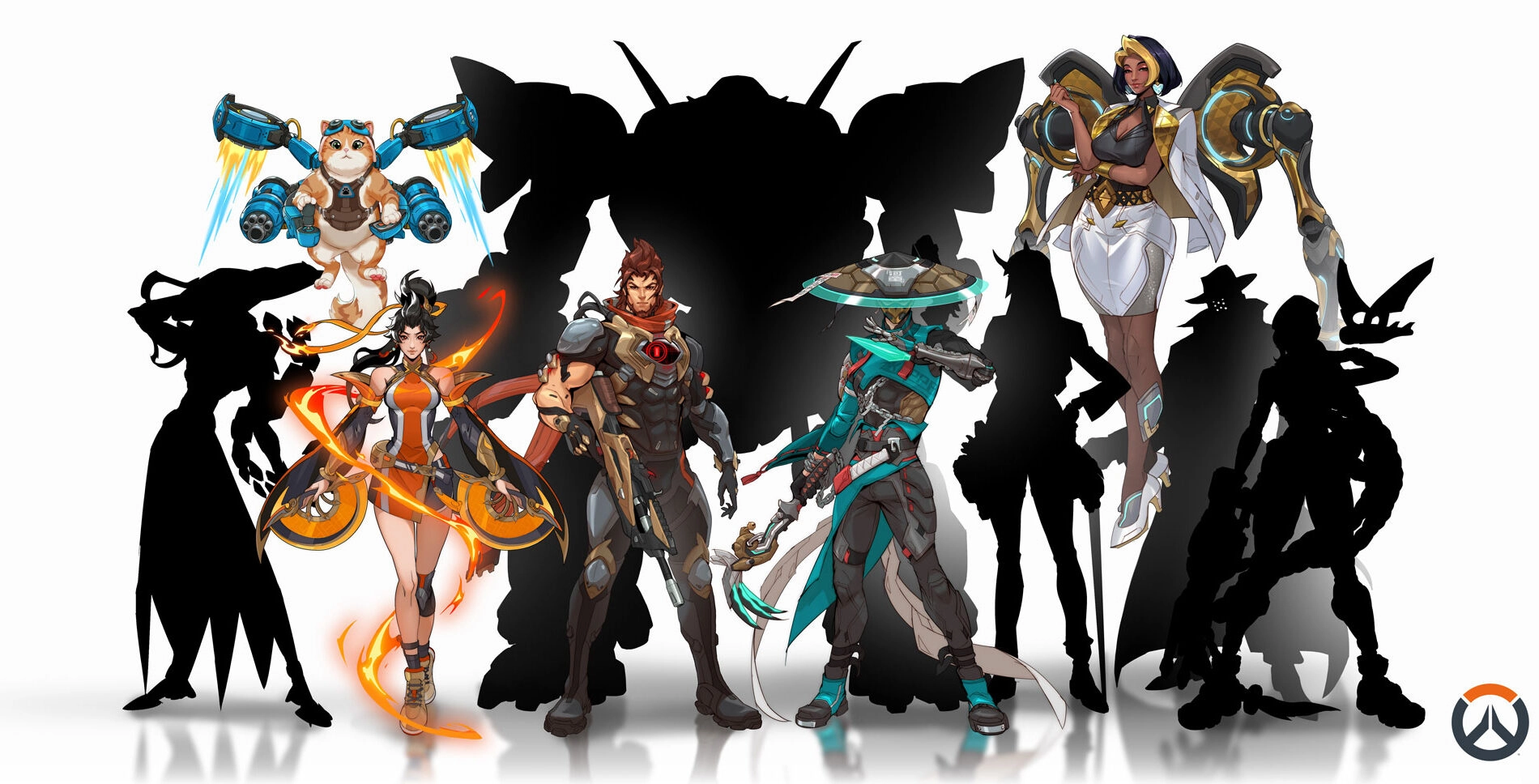 Overwatch heroes and silhouettes, showcasing new characters for The Reign of Talon narrative arc