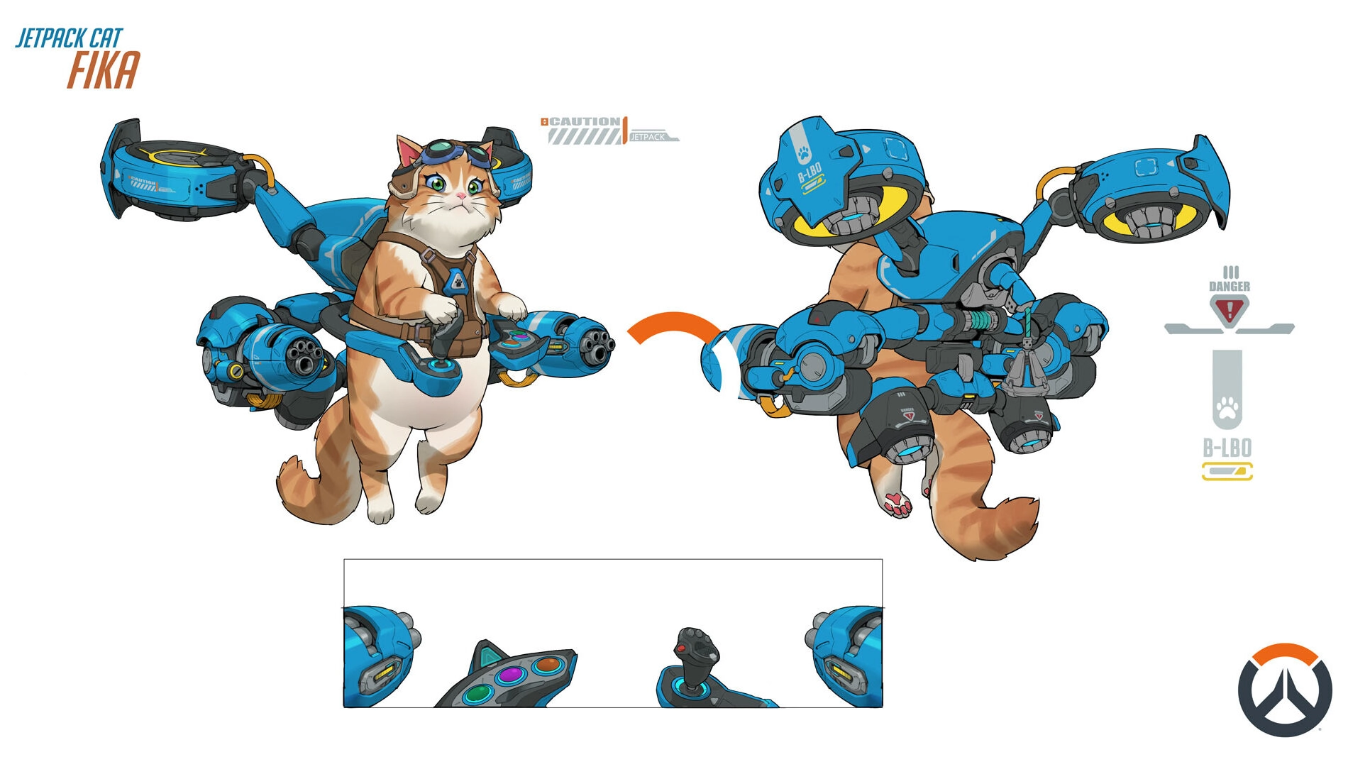 A cat equipped with a futuristic blue jetpack, featuring mechanical arms and Overwatch branding