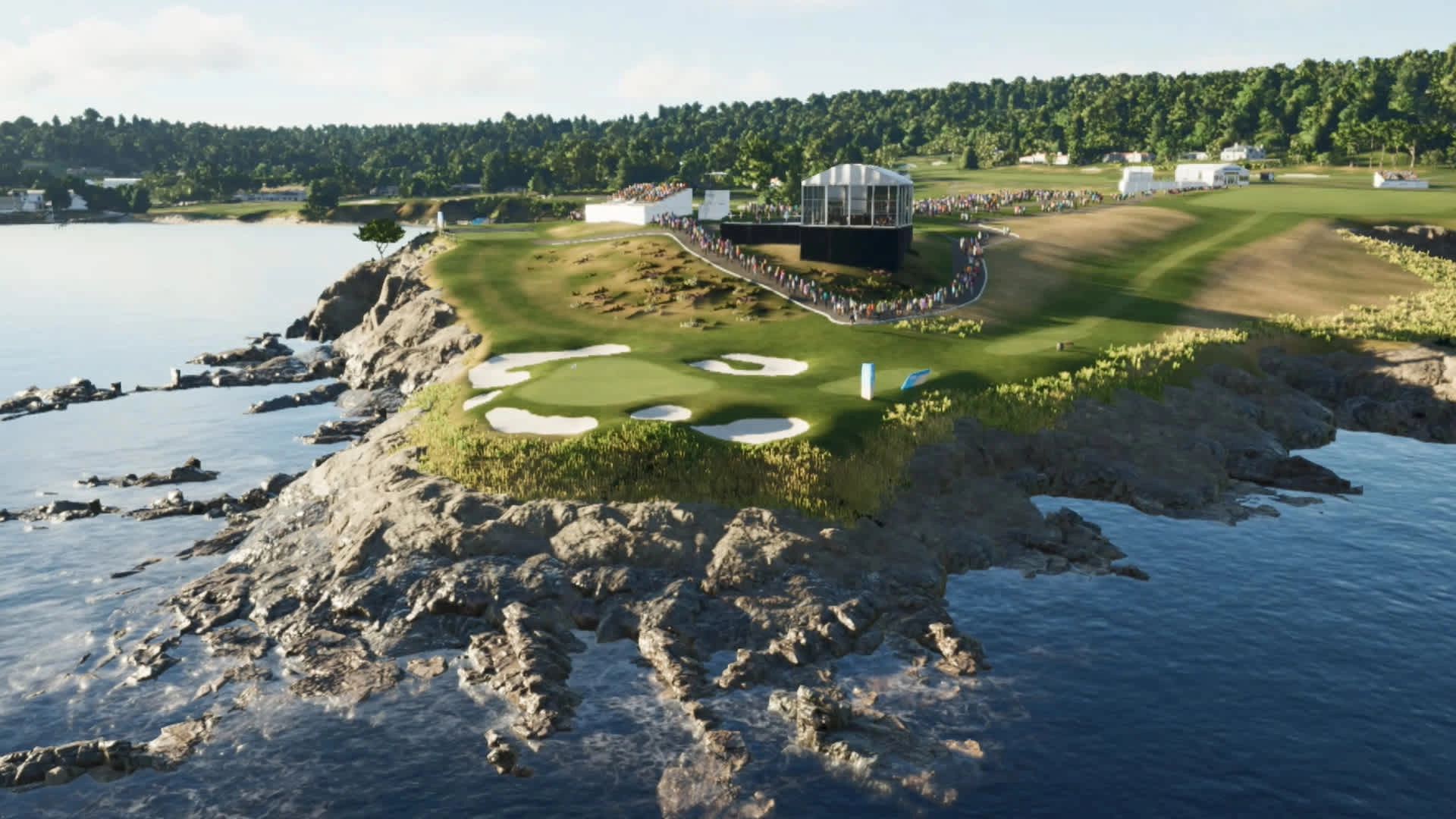 Scenic golf course on a rocky coastline, surrounded by water, with a crowd watching a tournament