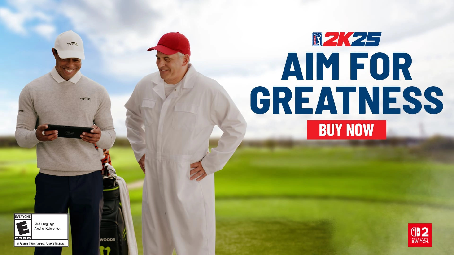 Two golfers on a course, one holding a Nintendo Switch 2, promoting PGA TOUR 2K25 gameplay experience