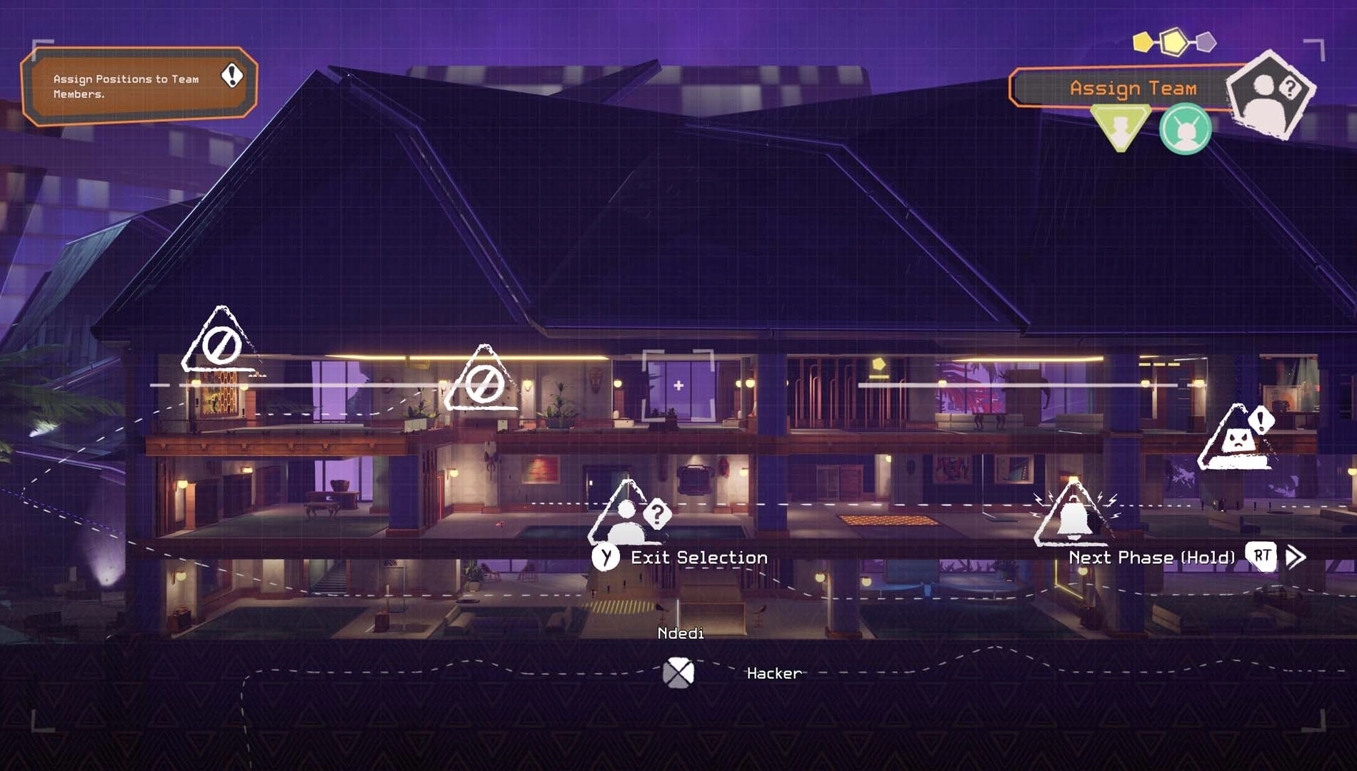 Blueprint-style interface of a building in a heist video game, showing team assignments and strategy planning