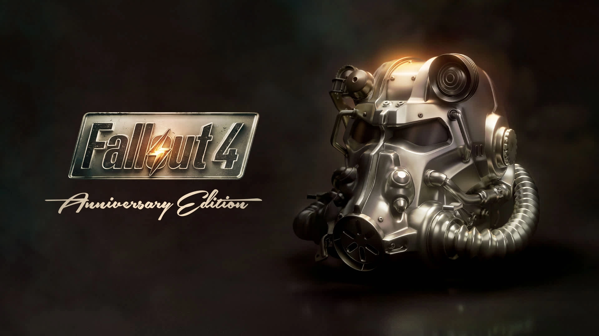 Fallout 4 Anniversary Edition cover featuring iconic power armor helmet on a dark background