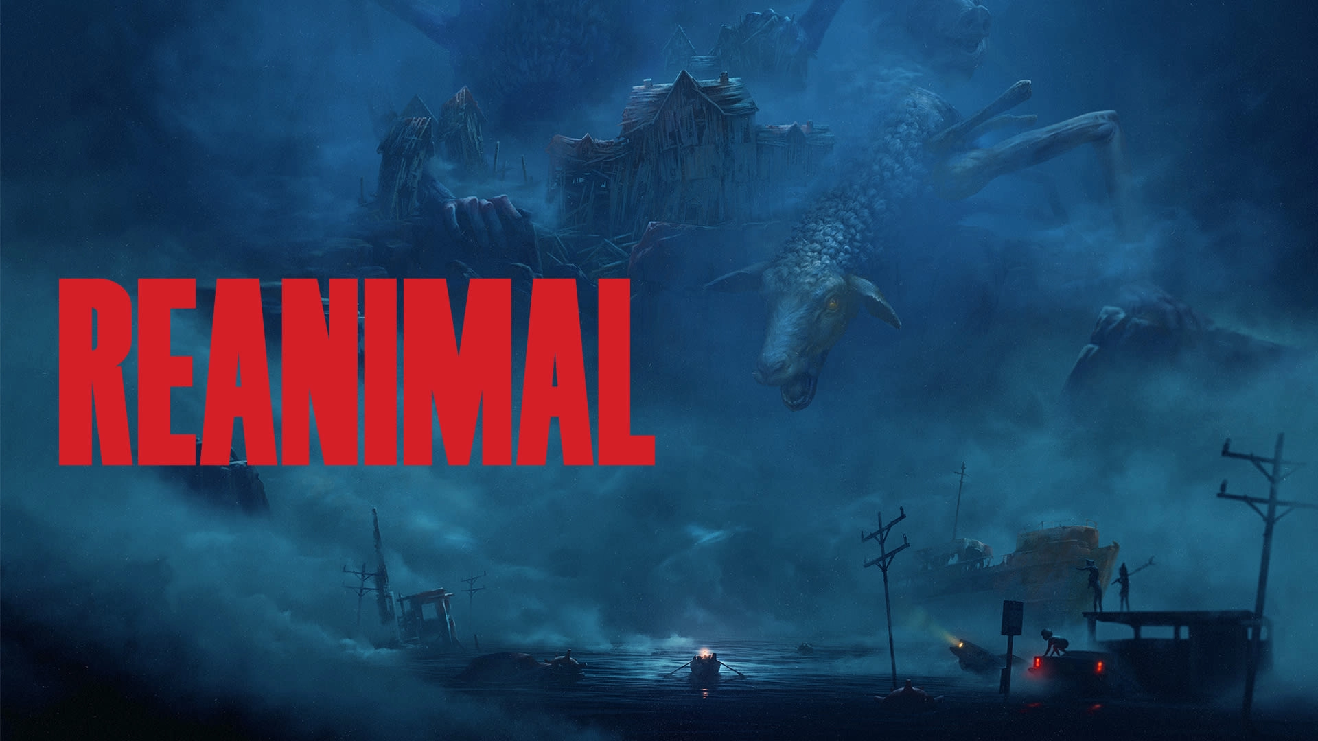 A giant creature looms over a foggy, desolate landscape with the word "REANIMAL" in bold red letters
