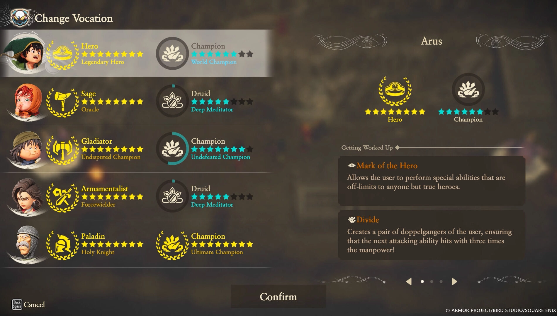 Vocation selection screen in Dragon Quest VII Reimagined, showing various job classes and abilities for characters