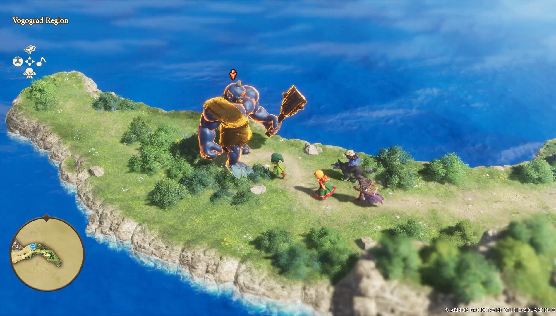 Characters battle a giant monster on a grassy island in Dragon Quest VII Reimagined, showcasing tactics