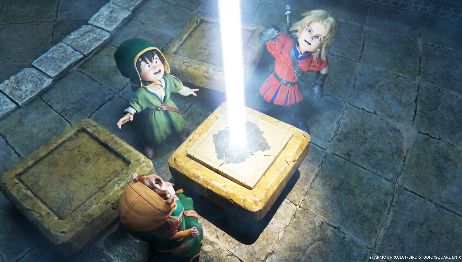 Characters in medieval attire gaze at a glowing beam of light in a stone chamber, hinting at a quest