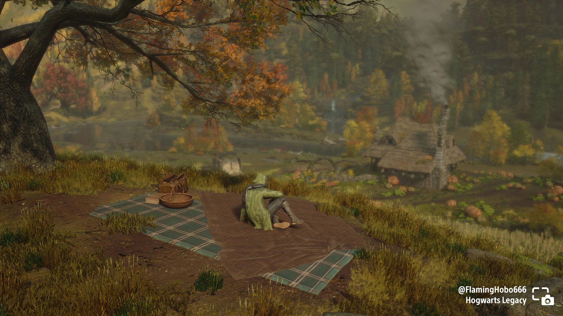 A wizard enjoys a picnic on a blanket near a pumpkin patch, overlooking a rustic cottage in Hogwarts Legacy