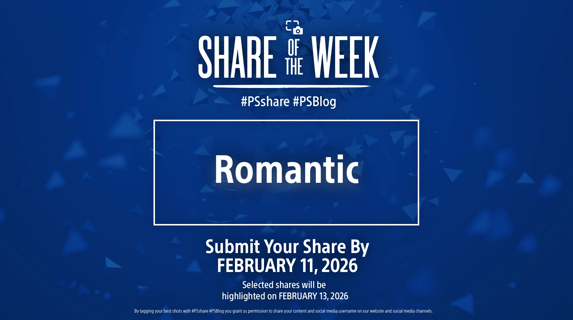 Blue background with "Share of the Week" text, theme "Romantic," and submission deadline February 11, 2026