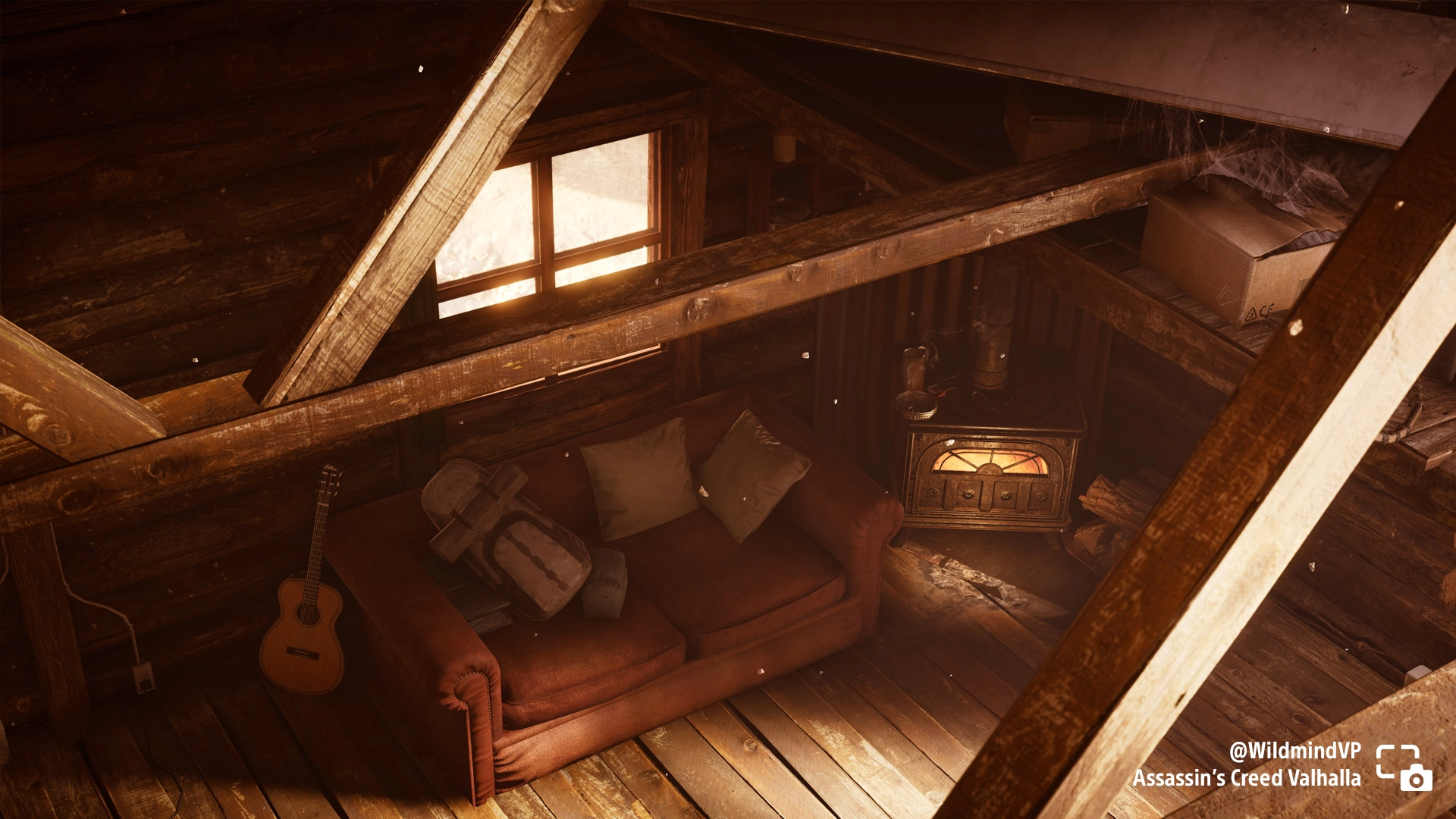 Cozy cabin interior with a brown couch, guitar, and wood stove, bathed in warm sunlight from the window