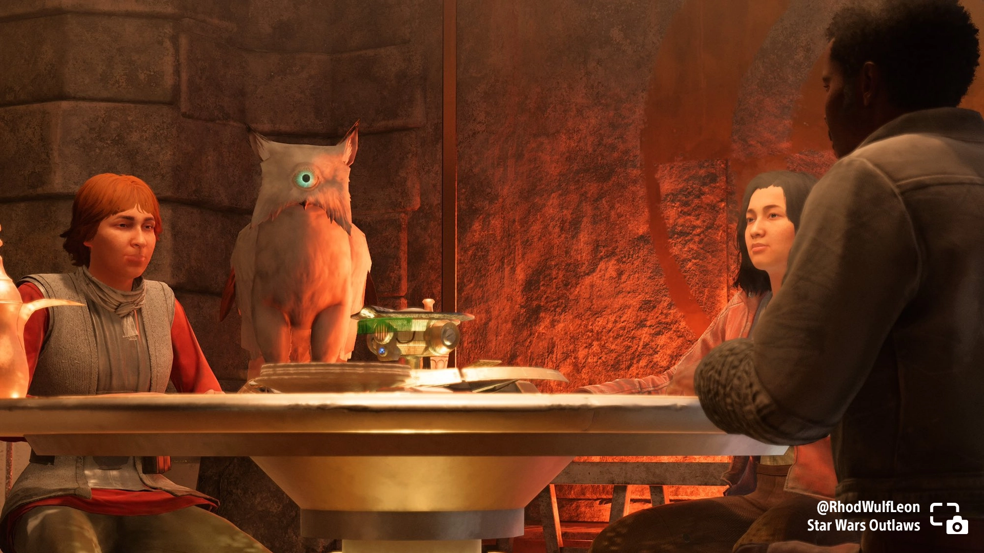 Characters sitting around a table with a one-eyed owl in a tavern from Star Wars Outlaws game