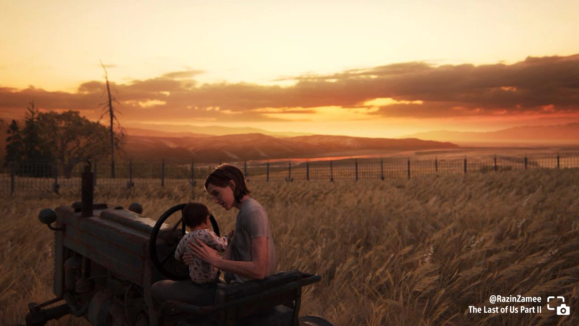 Ellie and baby JJ sit on a tractor in a golden field during sunset in The Last of Us Part II