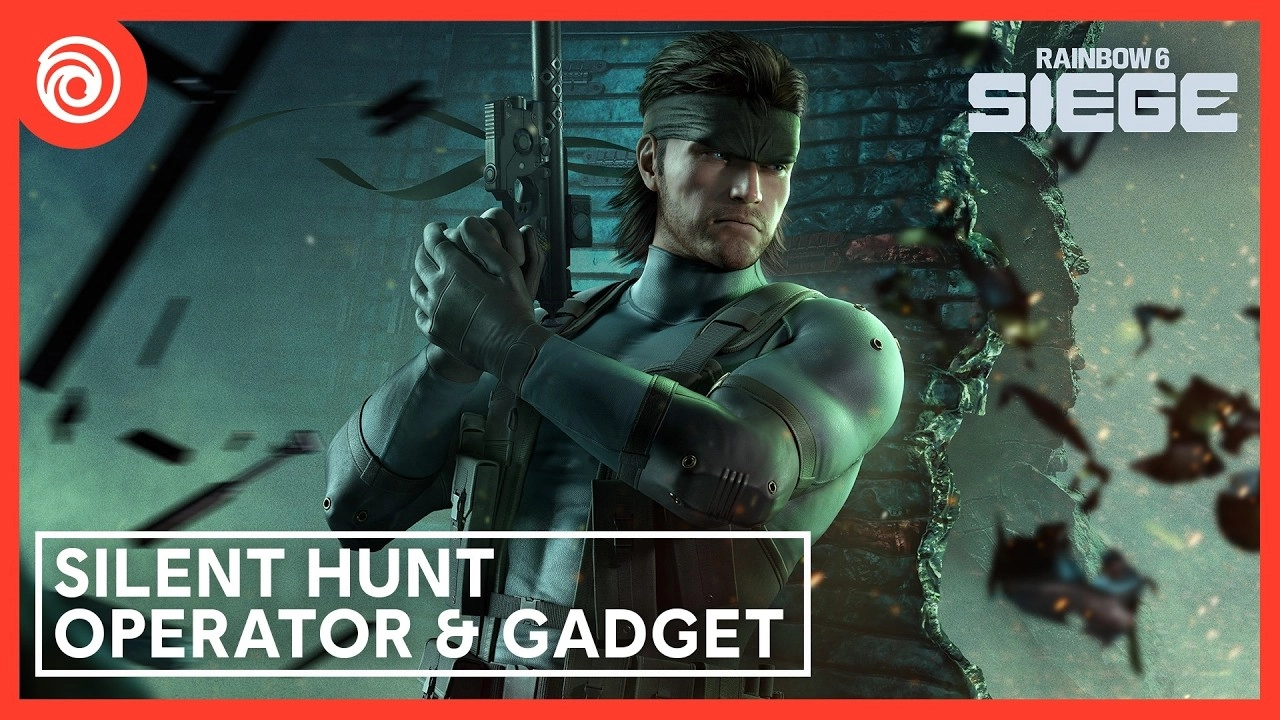 Solid Snake in tactical gear holding a weapon, promoting Rainbow Six Siege's Operation Silent Hunt