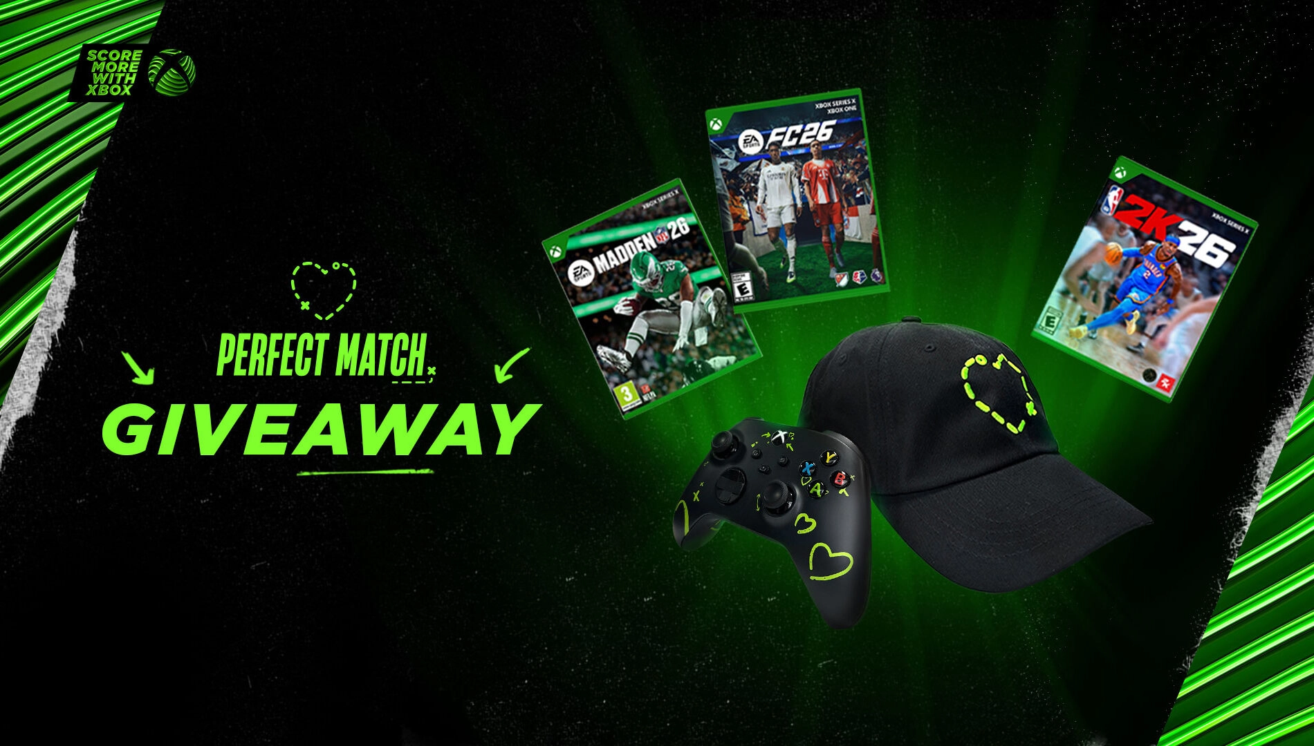 Xbox Perfect Match Giveaway featuring custom controller, cap, and sports game covers on a dark background