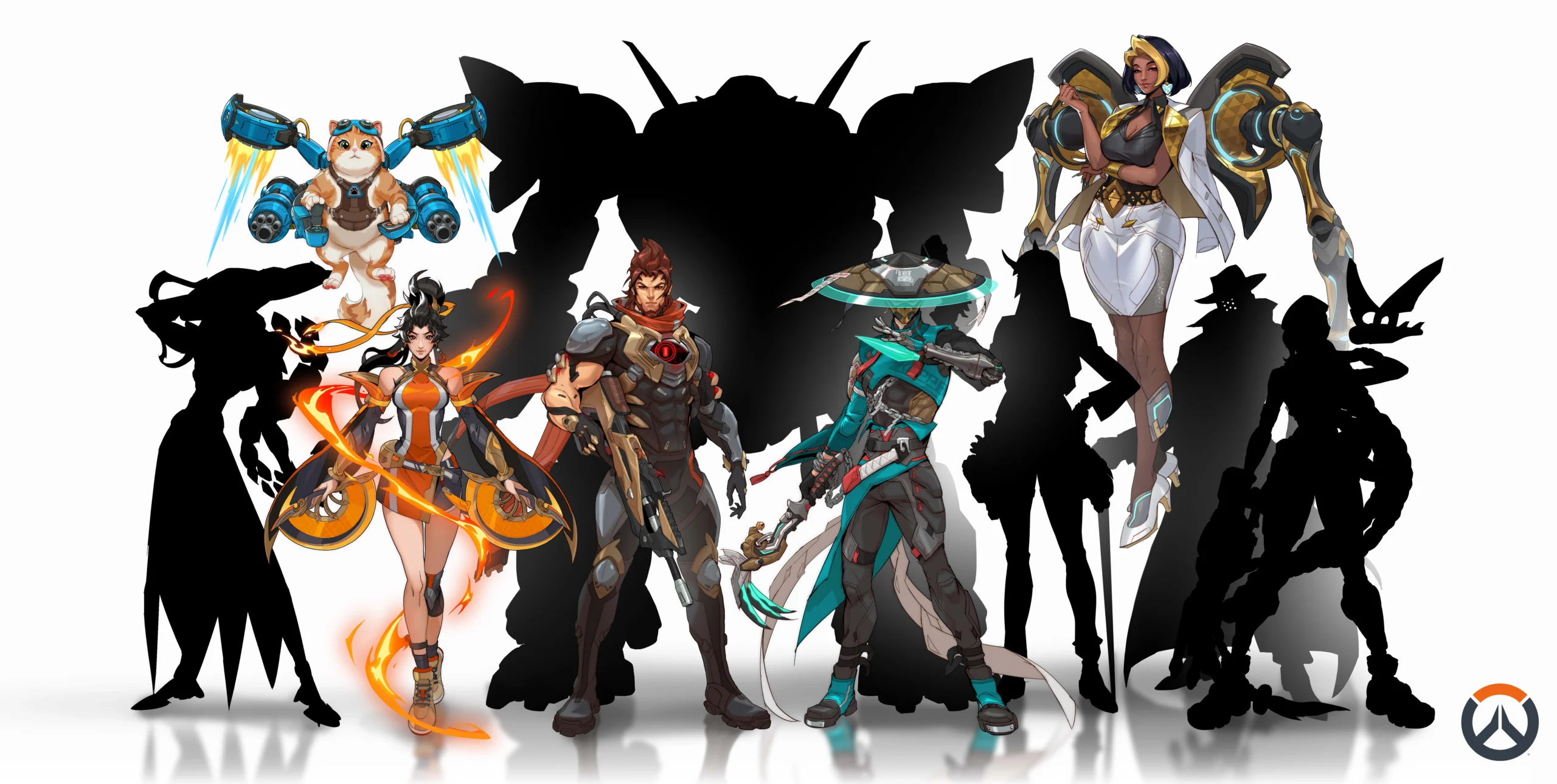 Five new Overwatch heroes, including Domina, Emre, and Jetpack Cat, stand ready against shadowy figures