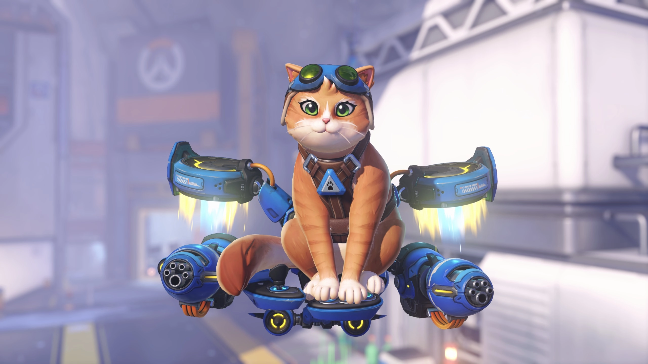 Jetpack Cat hovering with futuristic gear, set in an Overwatch-themed environment for Nintendo Switch game