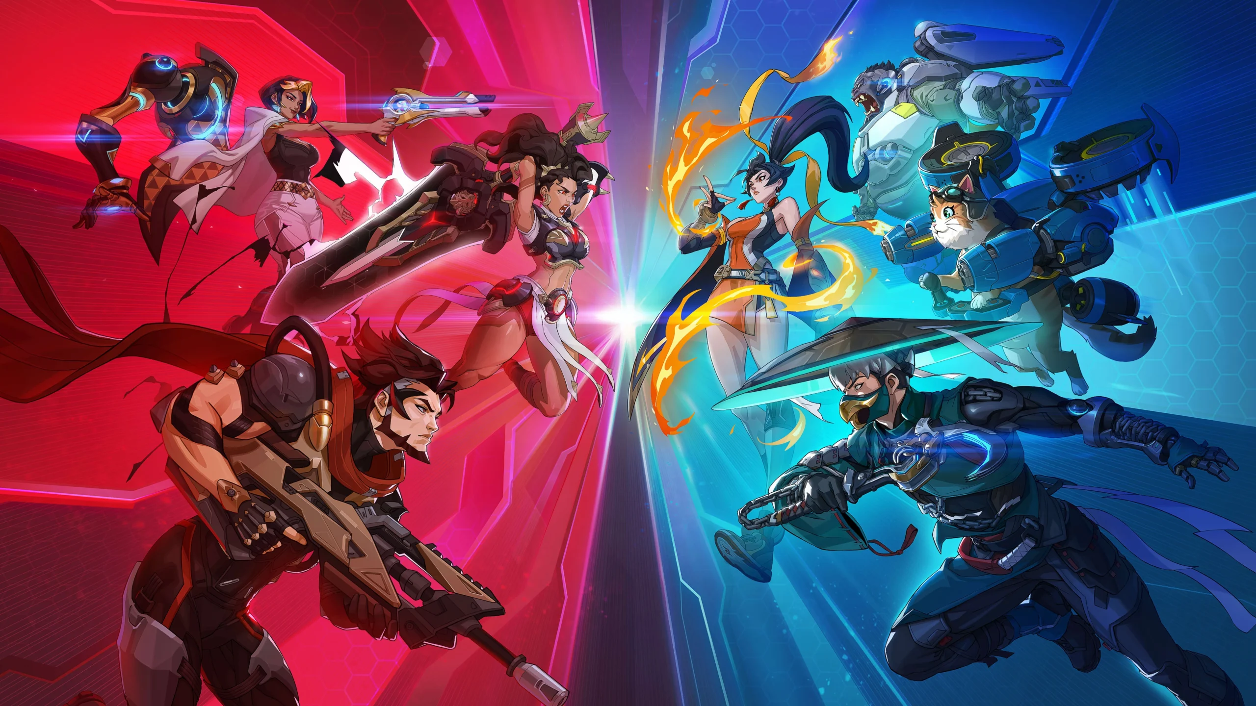 Two teams of Overwatch heroes face off, showcasing vibrant colors and dynamic action poses