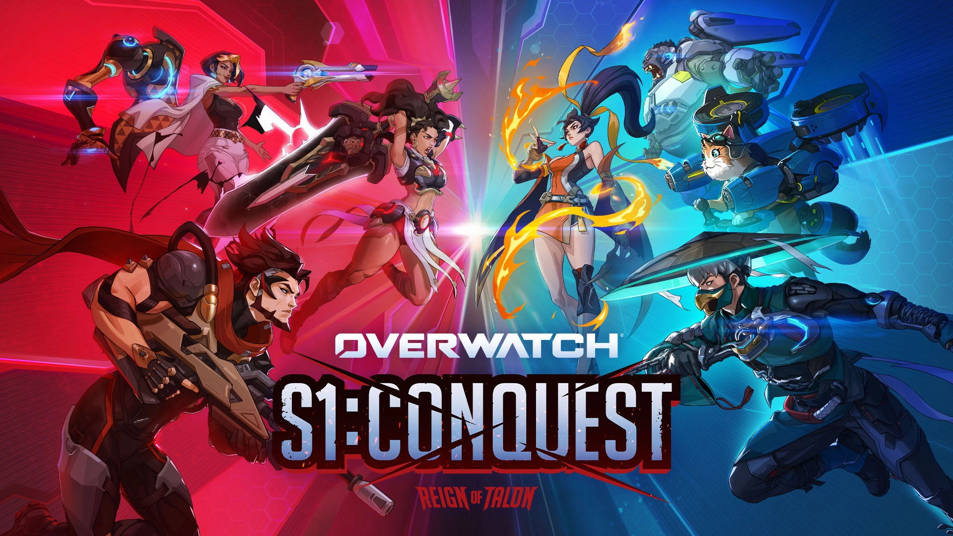 Overwatch S1: Conquest poster featuring new heroes Domina, Emre, Mizuki, Anran, and Jetpack Cat in action