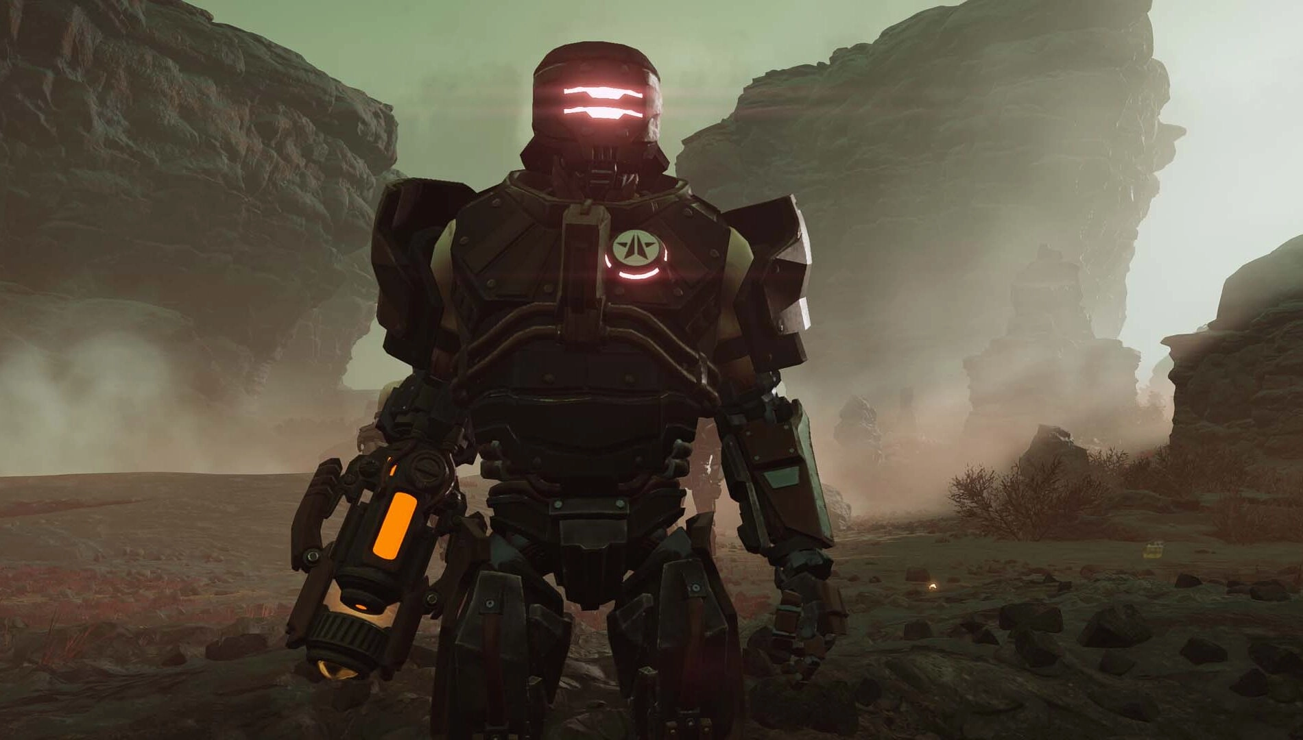 A towering cyborg stands in a desolate landscape, ready for battle in Helldivers 2: Machinery of Oppression