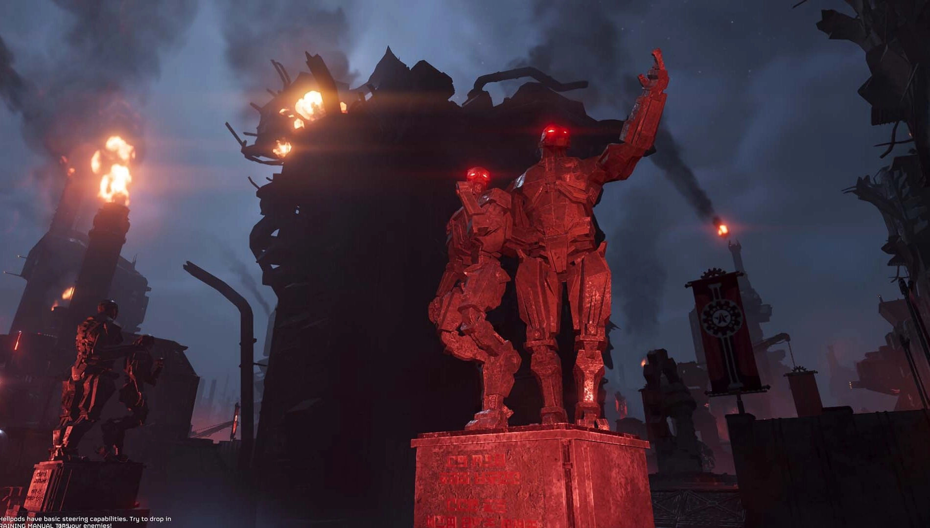 Cyborg statues with glowing red eyes in a dark, fiery landscape on Cyberstan, Helldivers 2 update scene