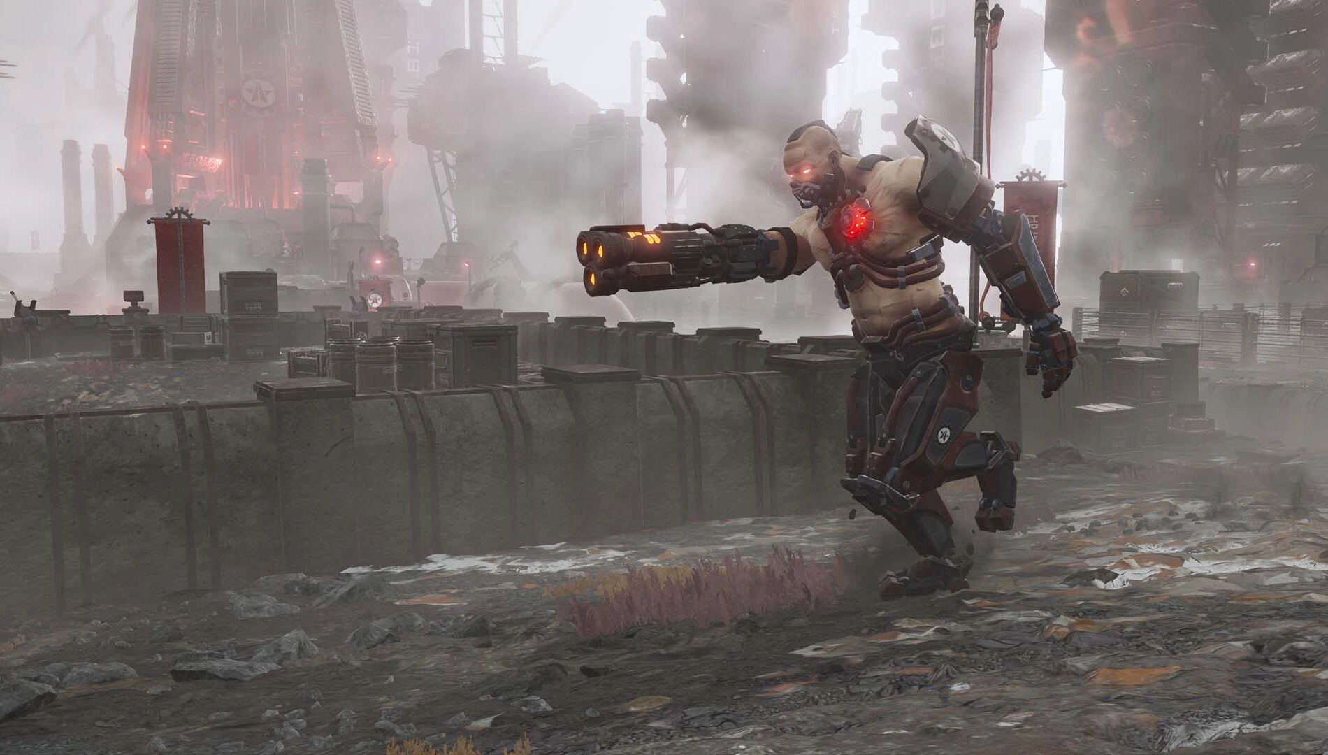 A cyborg soldier with a glowing weapon stands in a foggy, industrial landscape on Cyberstan in Helldivers 2