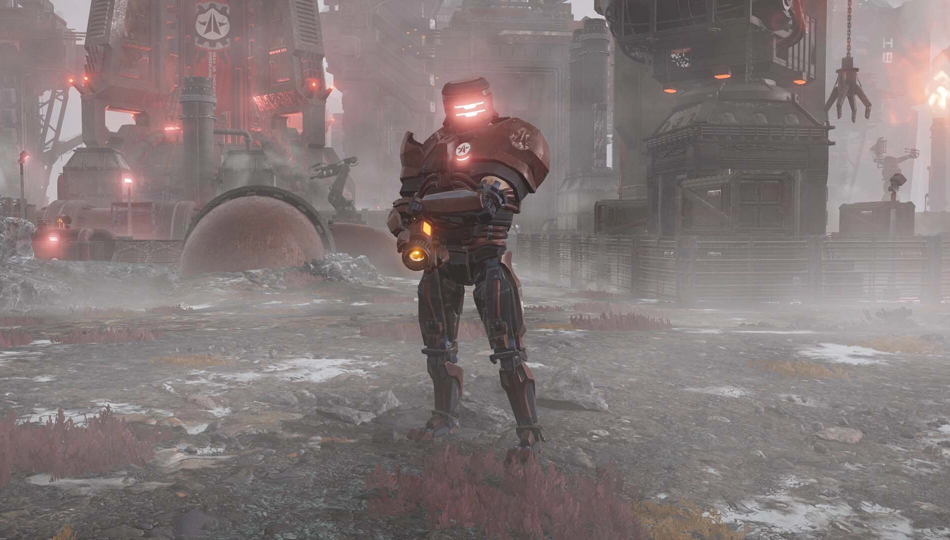 Cyborg soldier stands in a foggy, industrial landscape on Cyberstan, showcasing the new enemy faction in Helldivers 2