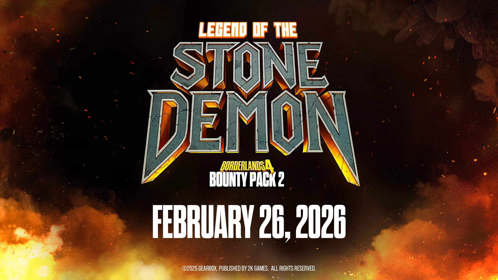Legend of the Stone Demon Bounty Pack 2 release date announcement for Borderlands 4, February 26, 2026