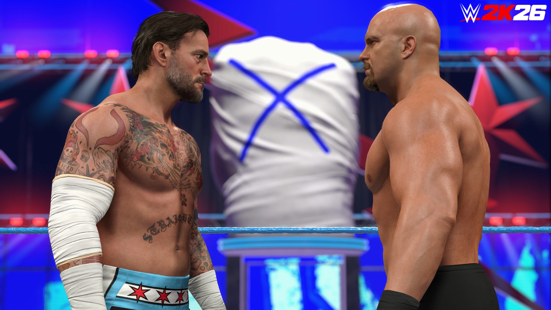 CM Punk faces off against a bald opponent in a WWE 2K26 wrestling ring, showcasing intense rivalry