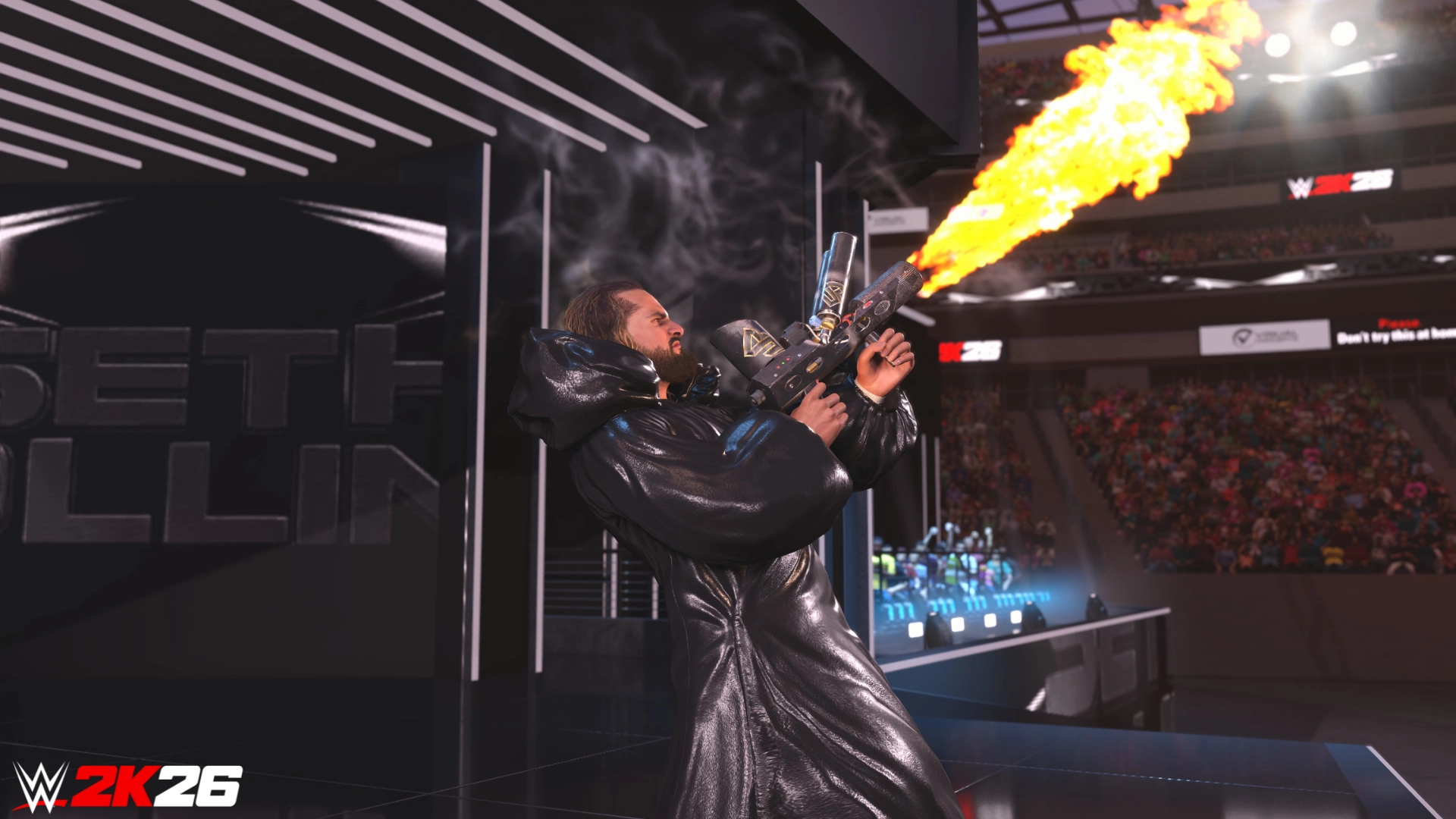 Seth Rollins in a dramatic entrance, wielding a flamethrower on stage at WWE 2K26 event, crowd in background
